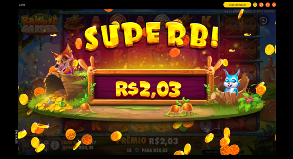 Tela de vit&oacute;ria no slot Rabbit Garden com anima&ccedil;&atilde;o de moedas